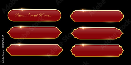 Ramadan frames. Islamic frames with gold borders shown as red decorative labels in traditional Arabian shapes. Set of banners for Ramadhan and oriental festive design. Luxury vector illustration.
