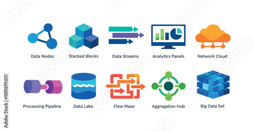 Colorful vector set of big data and analytics icons featuring nodes, data lake, processing pipeline, streams, dashboards, cloud networking, and datasets