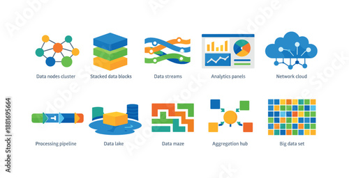 Colorful data management and analytics icon set showing cluster nodes, stacked blocks, streams, dashboards, cloud networking, pipeline, lake, maze and aggregation