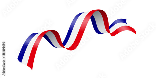 France flag ribbon in blue, white, red colors. Wavy tricolor banner with dynamic curves, symbolizing French national pride and celebration. Patriotic festive decoration. Realistic vector illustration.