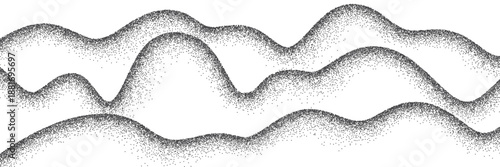 Grain wavy background. Dot stipple waves, black noise dotted lines with sand texture and grainy effect. Mountain, dessert, dune, water landscape. Abstract vector illustration.