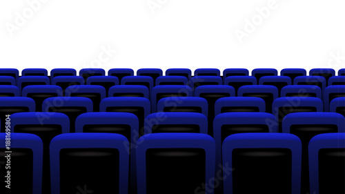 Cinema, theater chair screen background with rows of blue seats facing bright empty space. Movie atmosphere created by deep shadows and clean perspective. Seamless realistic vector illustration.