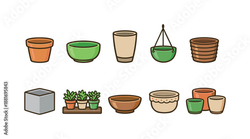 Assorted gardening containers and plant pots in a simple vector set, including bowls, hanging planter, seedling tray, and stacked flowerpots