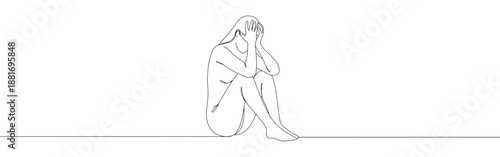 One continuous line drawing of a woman sitting and covering her face with hands in despair. Minimalist style