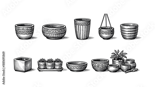 Hand-drawn vintage collection of decorative ceramic bowls, cups, planters, and pots with intricate patterns in monochrome engraving style illustration