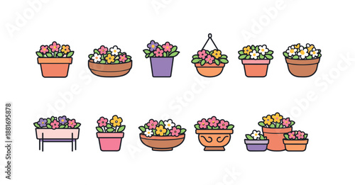 Set of cute potted flower illustrations in colorful containers, including hanging basket, planter bench, and assorted floral arrangements on white