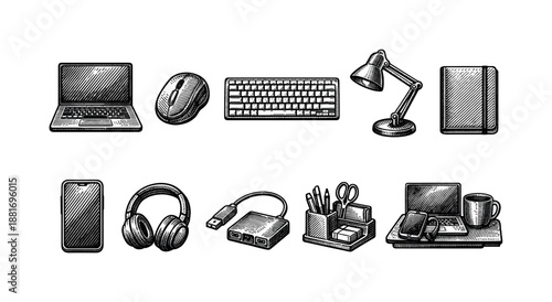 Hand-drawn workspace essentials set featuring laptop, mouse, keyboard, desk lamp, smartphone, headphones, adapter hub, organizer, and coffee mug