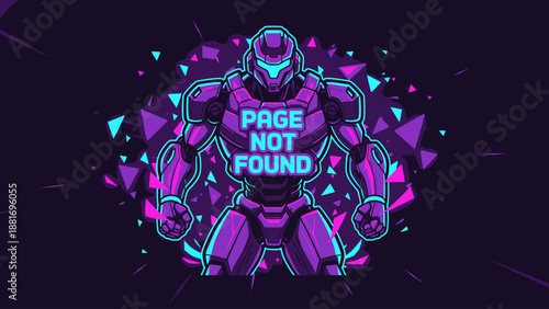 Futuristic Power Armor Robot Mascot Illustration with "Page Not Found" Text in Vibrant Neon Colors and Cyberpunk Style.