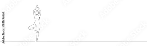 One continuous line drawing of a woman doing yoga in a tree pose, balancing. Minimalist style