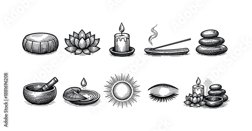 Vintage engraved spa and wellness icons set featuring lotus, candles, incense, hot stones, massage bowl, oil, sun, and eye symbols in monochrome