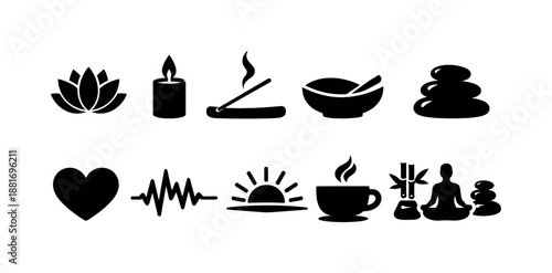 Minimal black spa and wellness icon set featuring lotus, candle, incense, massage stones, heart, heartbeat, sunrise, tea cup, and meditation silhouette