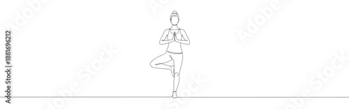 One continuous line drawing of a woman doing yoga in a tree pose, hands in prayer. Minimalist style