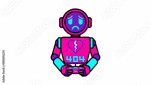 Neon 404 Error Robot: Sad AI Character with Broken Heart Holding Game Controller, Conceptual Digital Glitch and Broken Link Mascot Illustration.