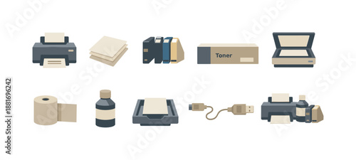 Set of office printing supplies and equipment icons including printers, scanner, paper stacks, toner cartridge, ink bottles, cables, and rolls