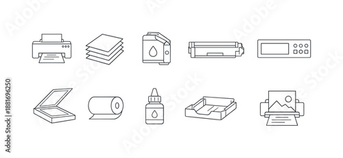 Minimal line icon set of office printing supplies featuring printers, paper stacks, ink bottle, toner cartridge, scanner, trays, glue, and rolls