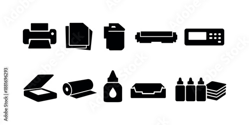 Set of black office printing and packaging icons including printer, paper stack, toner cartridge, label roll, glue bottle, box, and containers