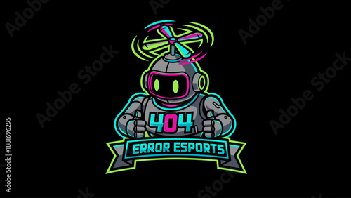 Retro Neon Robot Mascot Logo Vector - 404 Error Esports Gaming Character with Propeller Hat and Thumbs Up