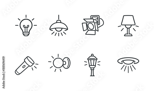 Minimal line icon set of lighting devices including lightbulb, ceiling lamp, studio spotlight, table lamp, flashlight, sconce, streetlamp, and downlight