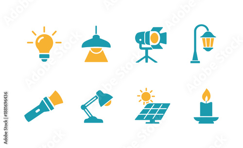 Set of flat lighting icons including light bulb, pendant lamp, studio spotlight, streetlight, flashlight, desk lamp, solar panel, and candle