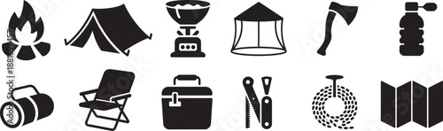 Camping and outdoor survival gear icons for adventure and recreation on transparent background