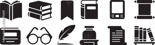 Education knowledge and literature icons set illustration various learning and reading materials silhouette collection