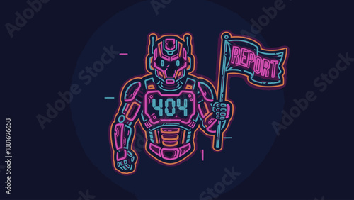 Futuristic Neon Robot Mascot with 404 Error Code Display Holding a "Report" Flag. Cyberpunk Gaming Style Vector.