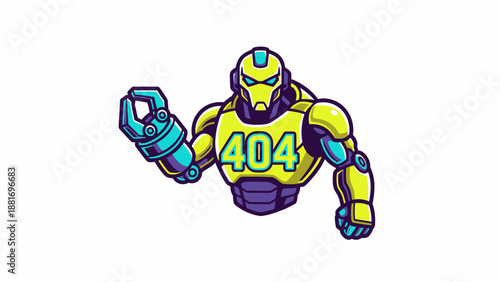 404 Error Robot Mascot Vector Illustration. Neon Yellow Cyborg Design for Page Not Found Screen, Web Development, and Tech Branding.