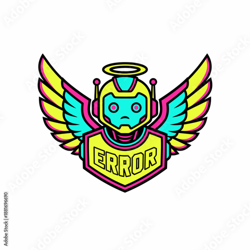 Valokuva Neon Angel Robot Mascot with Halo and Wings, displaying ERROR text