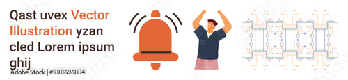 Notifications, excitement, success, user experience, interface design, digital interaction. Large ringing bell icon with arms raised person and circuit pattern. Notifications and excitement concept
