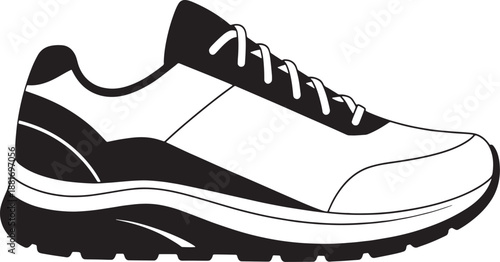 Black and white of a single athletic running shoe with laces athletic shoe sneaker
