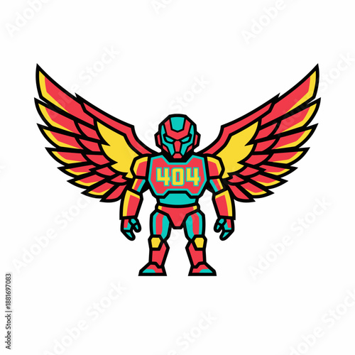 Vibrant 404 Error Robot Mascot with Wings - Futuristic Vector Illustration for Web Design
