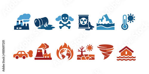 Environmental hazard icons depicting pollution, toxic waste, radiation, climate change, drought, storm, flooding, and rising temperatures in flat design