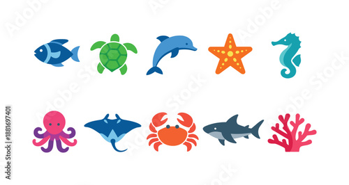 Colorful flat vector set of marine animal icons including fish, turtle, dolphin, starfish, seahorse, octopus, ray, crab, shark, coral