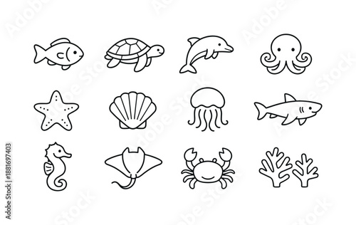 Set of outline marine animal icons including fish, turtle, dolphin, octopus, starfish, seashell, jellyfish, shark, seahorse, ray, crab, coral