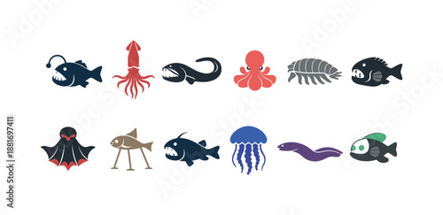 Colorful marine animal icon set featuring fish, squid, octopus, jellyfish, eel, isopod, and batlike sea creature illustrations on white