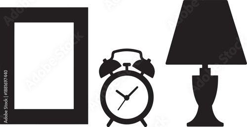Black silhouette of a frame alarm clock and table lamp on white background