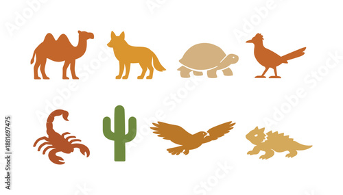 Colorful desert wildlife silhouette icons featuring camel, coyote, tortoise, roadrunner, scorpion, cactus, soaring eagle, and lizard