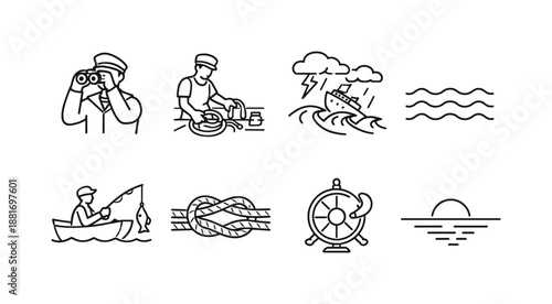Set of nautical line icons featuring sailor with binoculars, rope coiling, stormy sea with ship, fishing boat, knot, ship wheel, and horizon waves