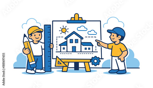 Cartoon builders presenting a house blueprint on an easel, with ruler and pencil, showing construction planning, drafting, and architectural design teamwork