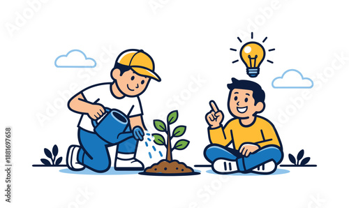 Illustration of two boys gardening, one watering a young plant while the other sits with an idea lightbulb, teamwork and growth concept