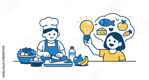 Cartoon chef preparing a healthy meal with child holding a glowing lightbulb idea, surrounded by nutritious food icons and kitchen ingredients