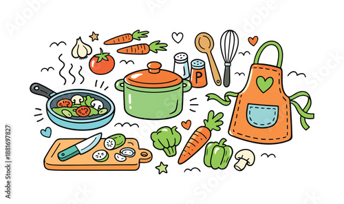 Colorful hand-drawn cooking illustration with pot, frying pan, cutting board, knife, whisk, apron, and fresh vegetables for meal preparation