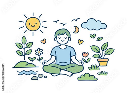 Cute cartoon boy meditating outdoors in a peaceful garden scene with sun, moon, clouds, birds, flowers, plants, and calm water