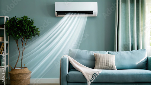 Comfort from air conditioner in living room concept. Modern living room with air conditioning and cozy design.