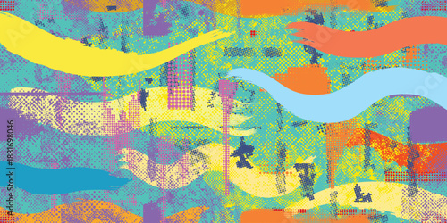 Urban abstract vector texture with hand drawn brush strokes and halftone pattern. Cyber punk poster . Textured background, graffiti art.