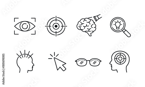 Minimal line icon set featuring eye focus, target reticle, brain with pencil, magnifying idea, heads, cursor click, and eyeglasses concepts