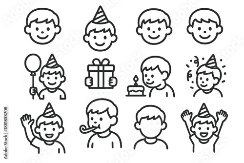 Birthday Boy Icons. Birthday boy illustration. Line outline icon set of Birthday boy illustration: boy face,