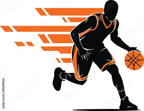 Black basketball player dribbling with orange motion lines