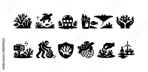 Set of black silhouette icons depicting coral reefs, sea turtles, marine life, underwater cleanup, recycling, and coastal conservation themes