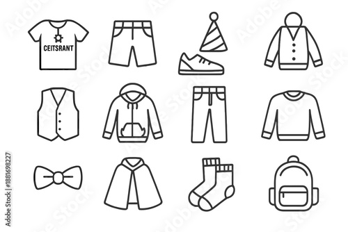 Birthday Outfit Icons. Birthday boy outfits. Line outline icon set of Birthday boy outfits: t-shirt, shorts,